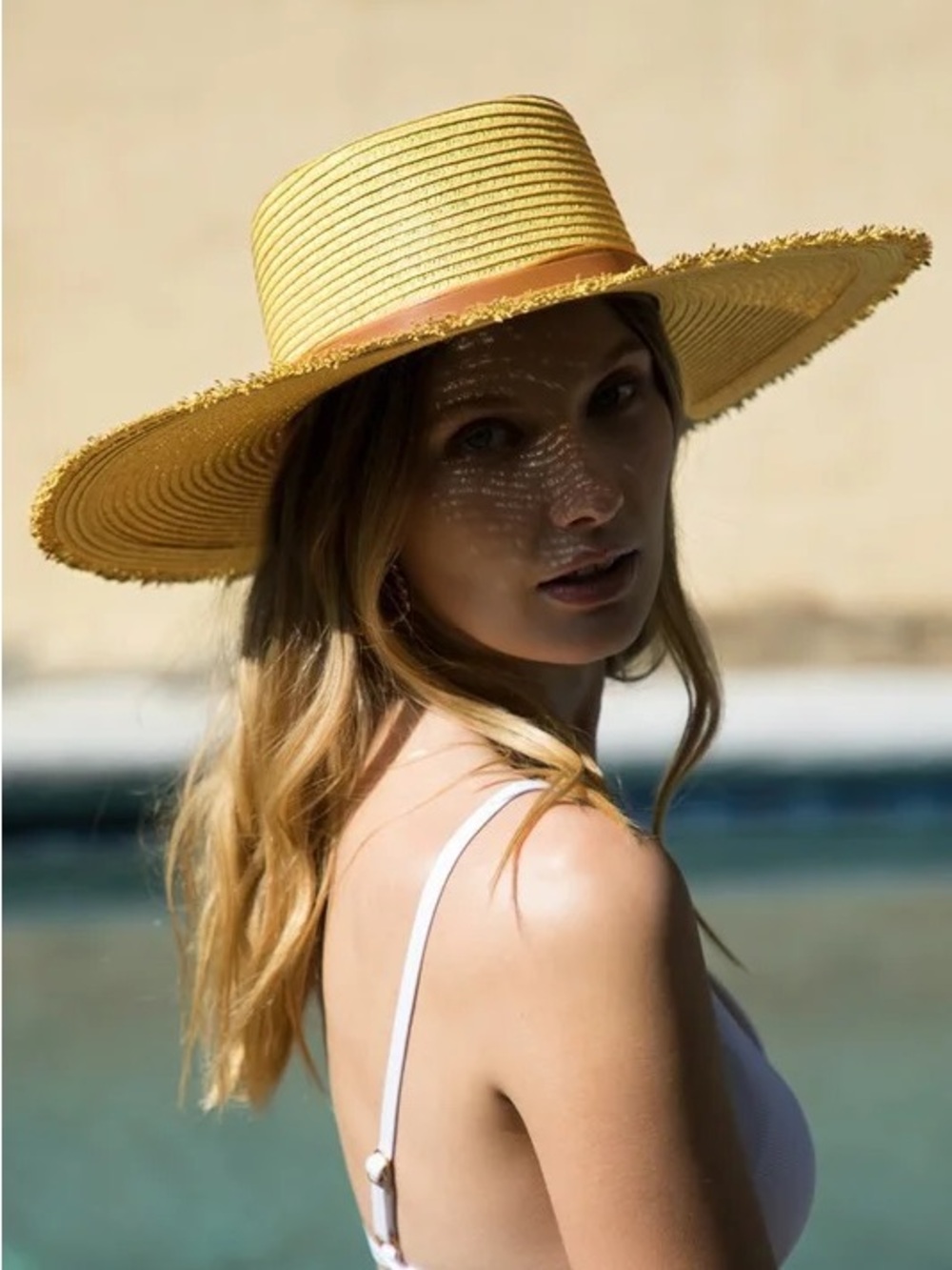 Wide Brim Straw Sun Hat - Yellow with Tan Band